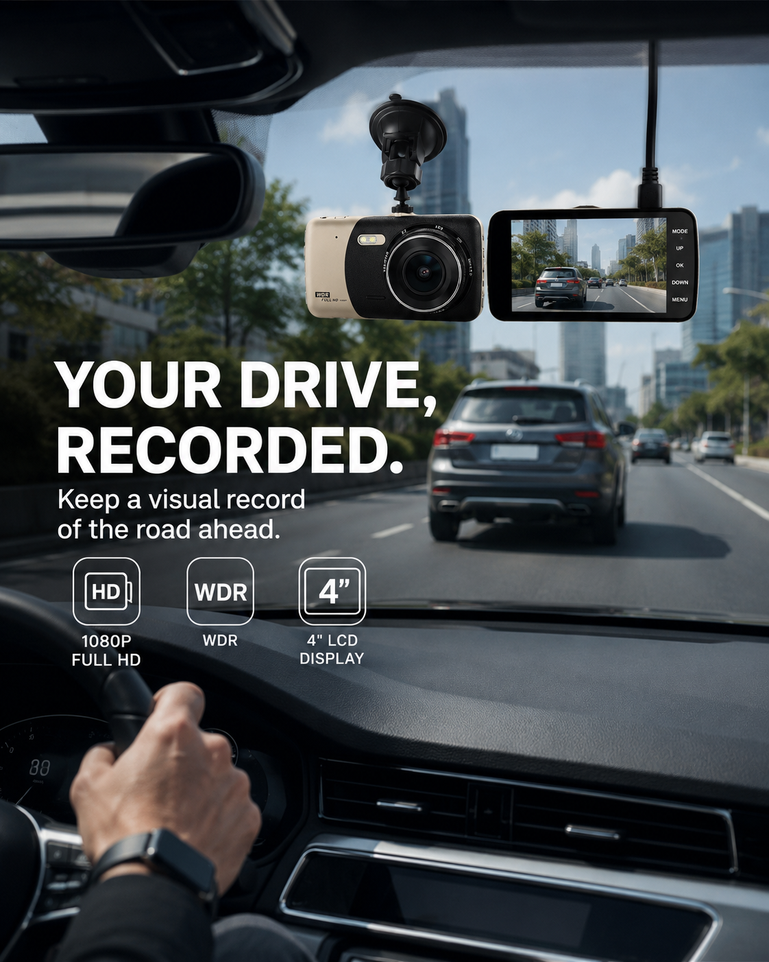 Full HD 1080P Car Dash Camera with 4-Inch Display & WD