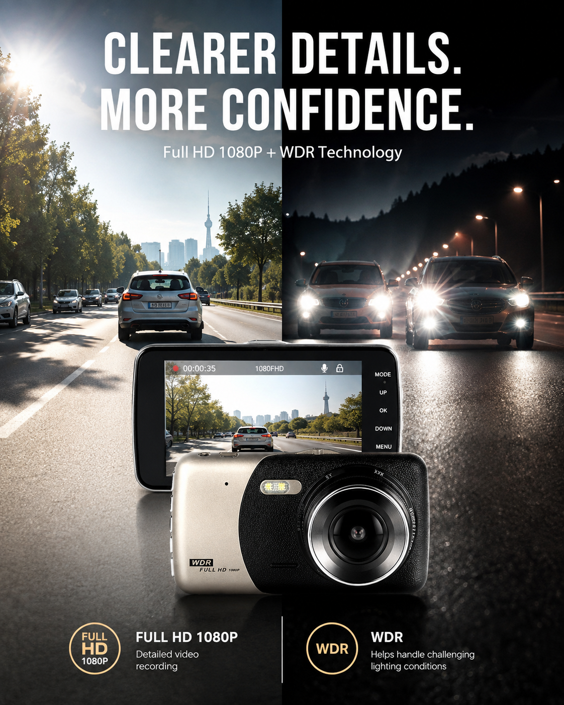 Full HD 1080P Car Dash Camera with 4-Inch Display & WD