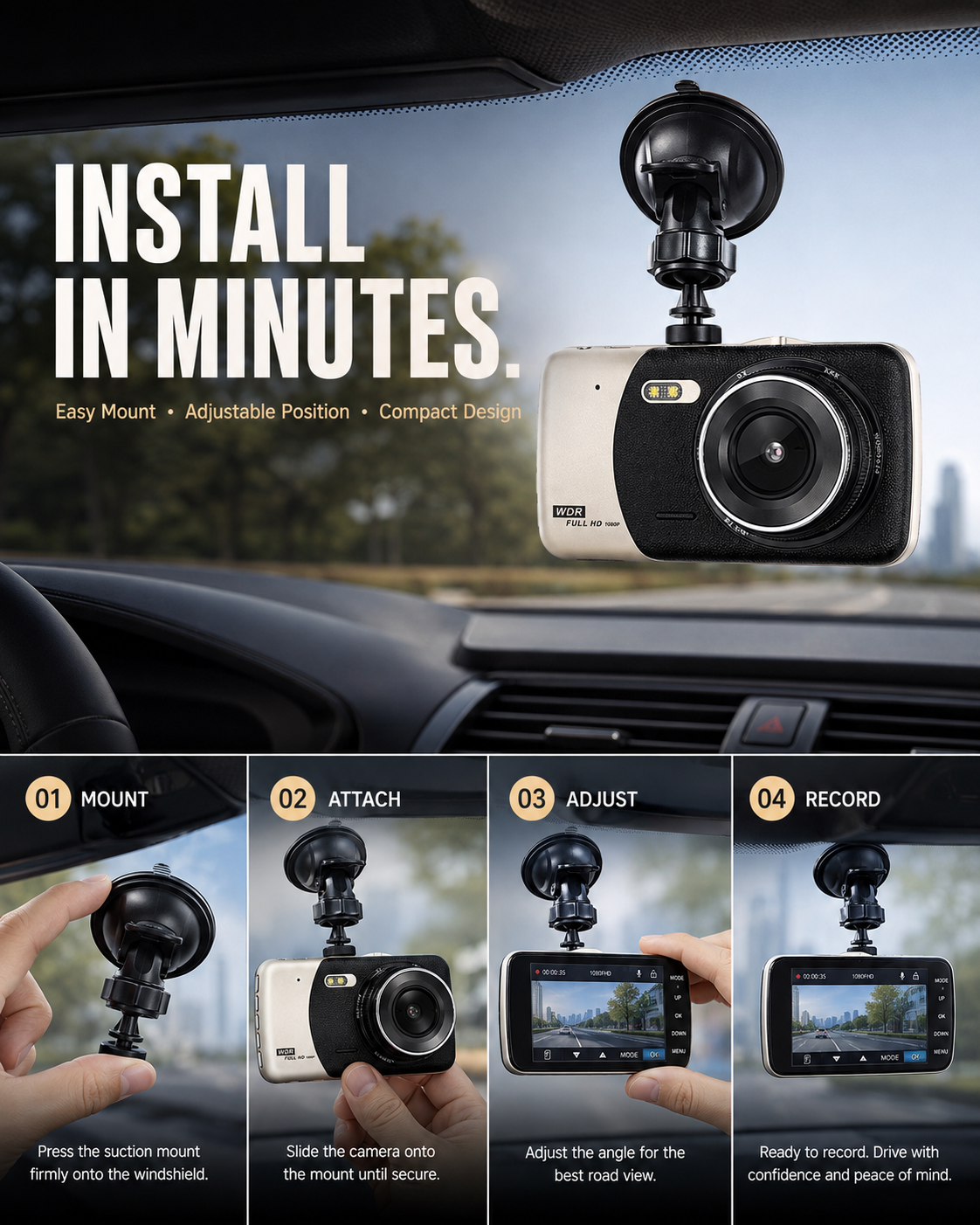 Full HD 1080P Car Dash Camera with 4-Inch Display & WD