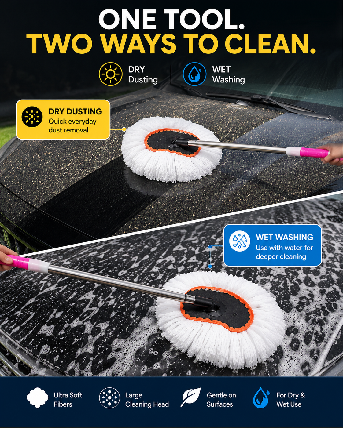 Premium Extendable Car Cleaning Duster – Microfiber Dusting & Washing Brush