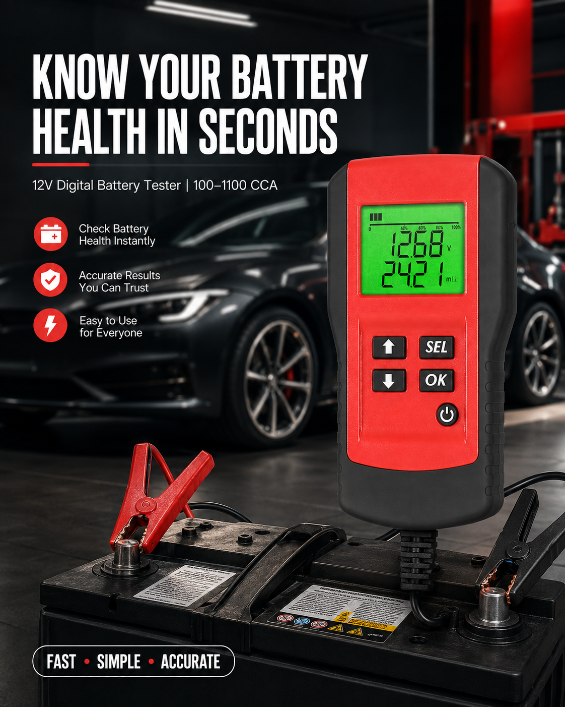 ANCEL BST100 12V Car Battery Tester – 100-1100 CCA Digital Battery Analyzer with Cranking, Charging & Internal Resistance Test