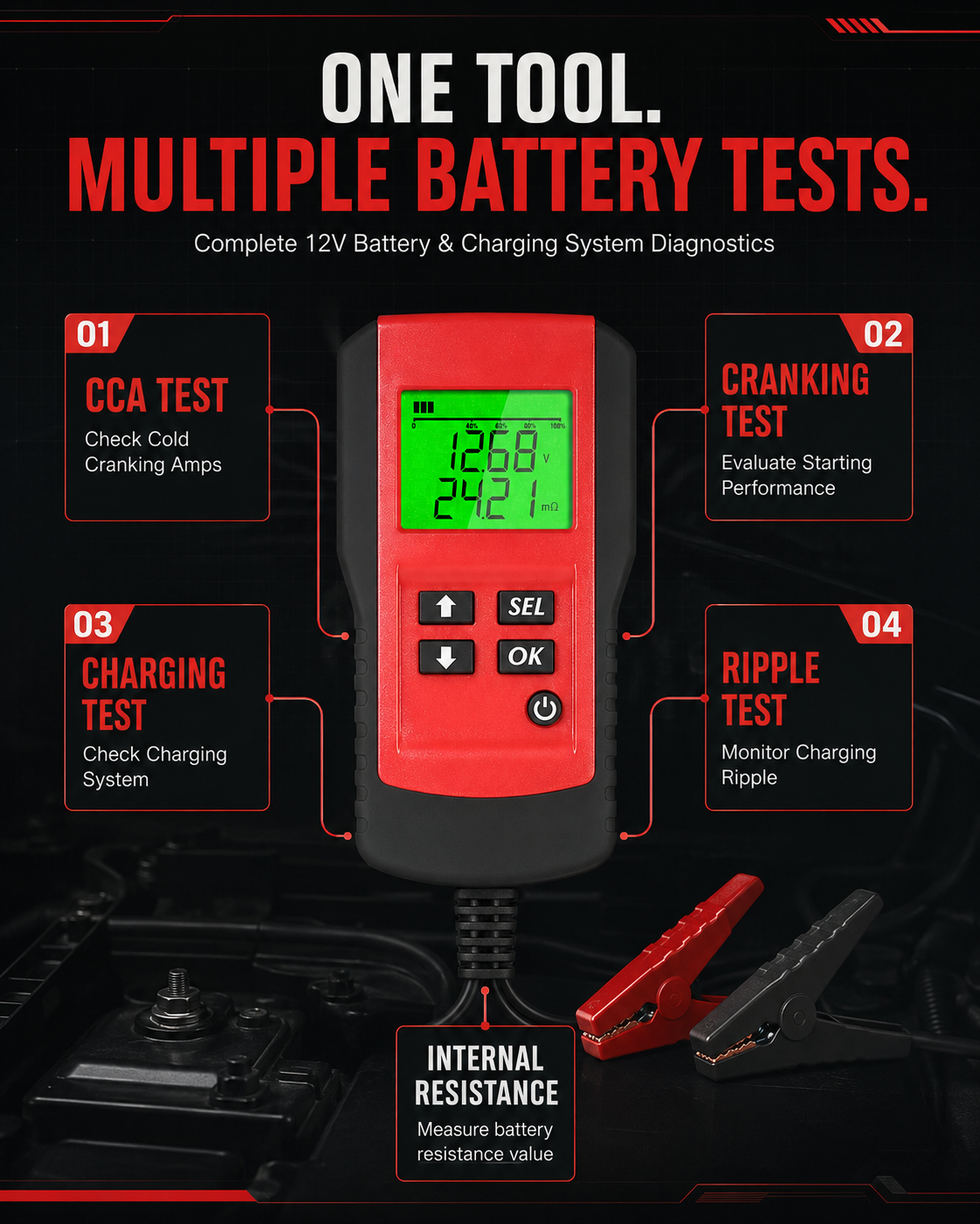 ANCEL BST100 12V Car Battery Tester – 100-1100 CCA Digital Battery Analyzer with Cranking, Charging & Internal Resistance Test