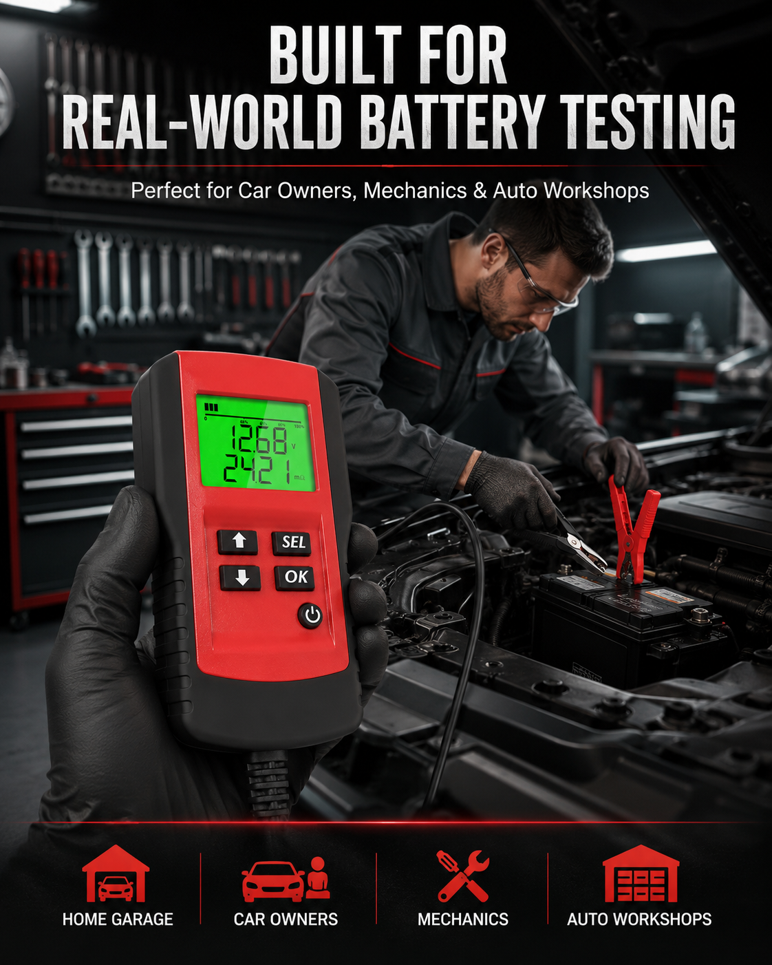 ANCEL BST100 12V Car Battery Tester – 100-1100 CCA Digital Battery Analyzer with Cranking, Charging & Internal Resistance Test