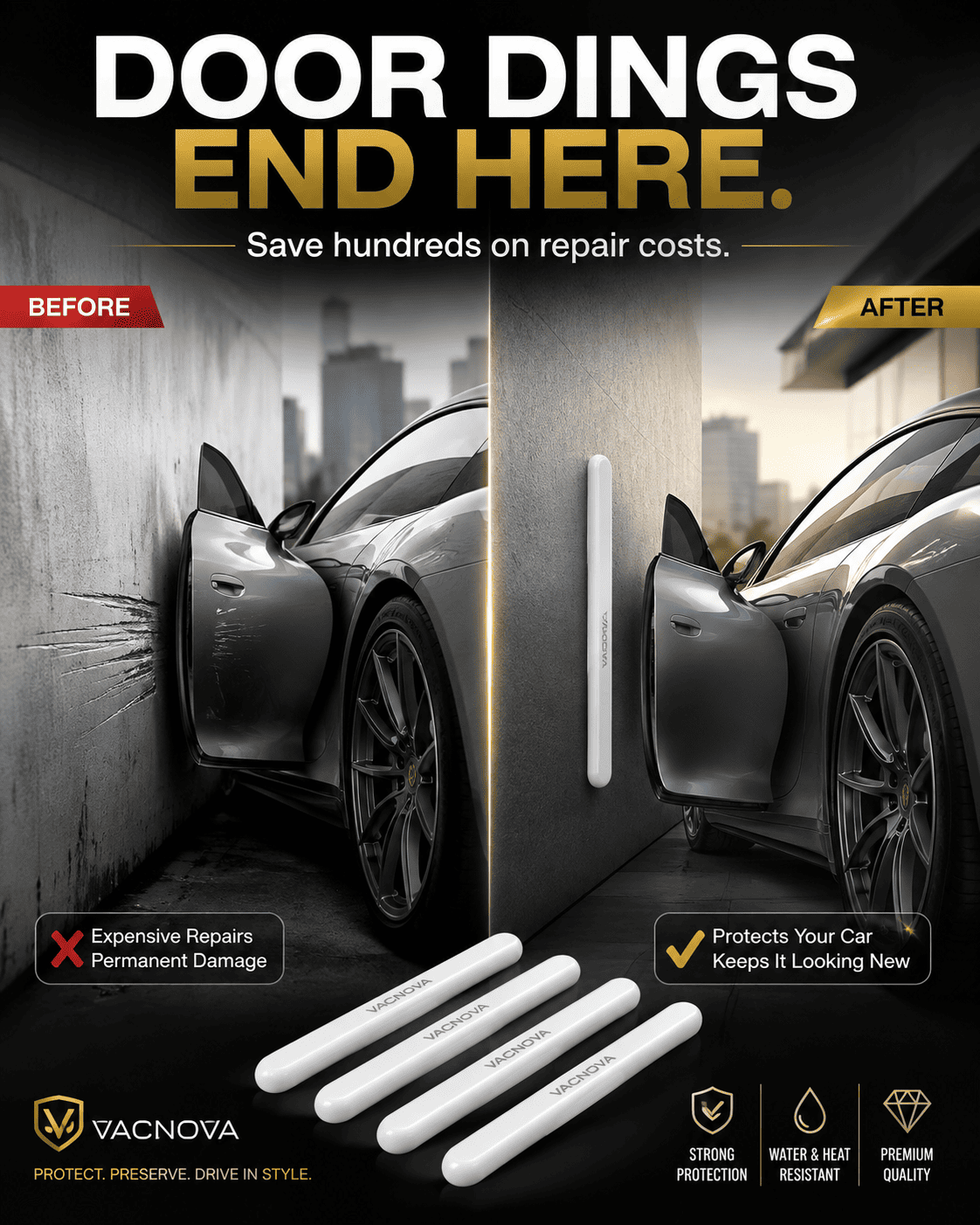Vacnova™ Car Door Bumper Strip (4-Pack) | Invisible Scratch Protection for Every Door