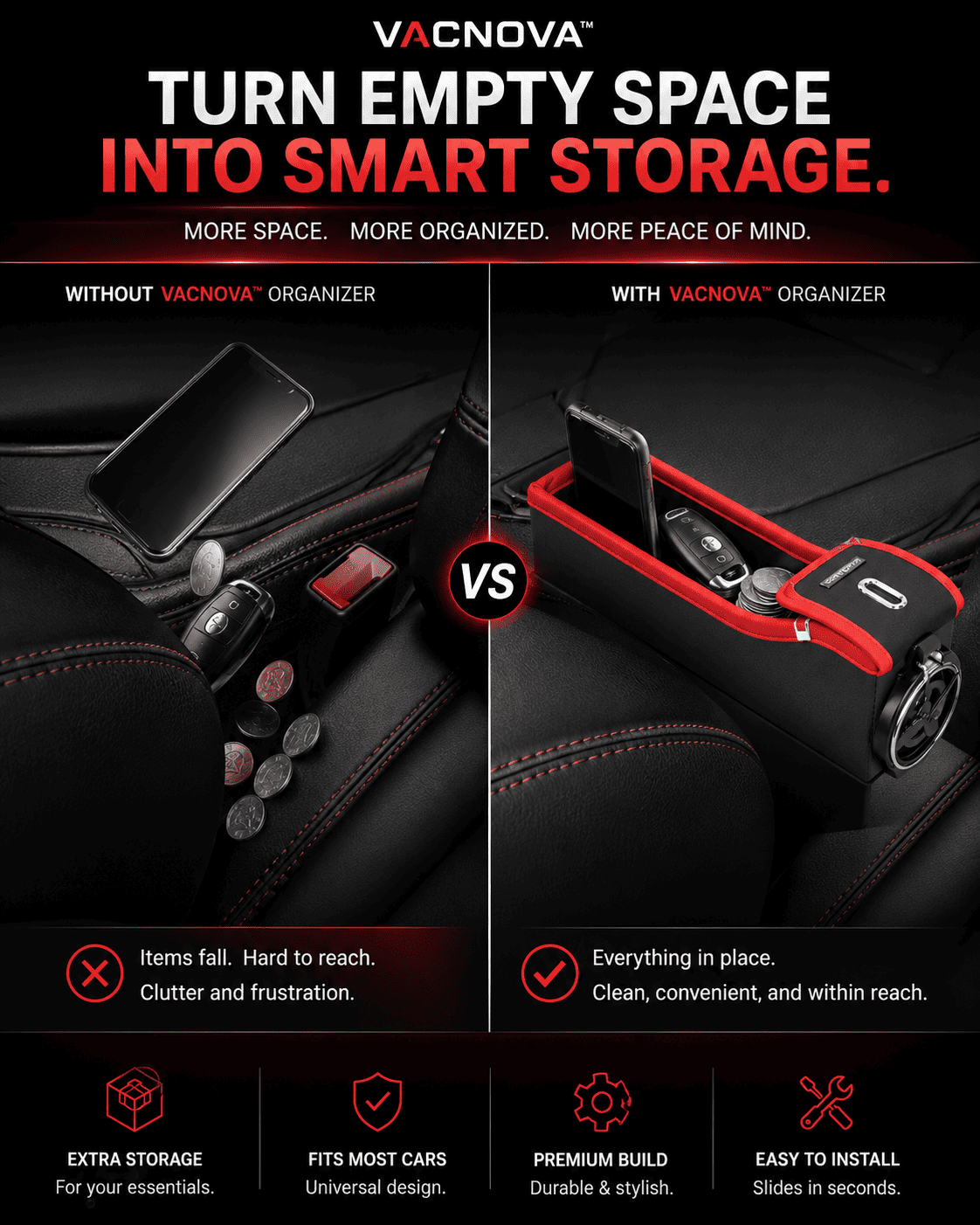Vacnova™ Premium Car Seat Gap Filler with Cup Holder