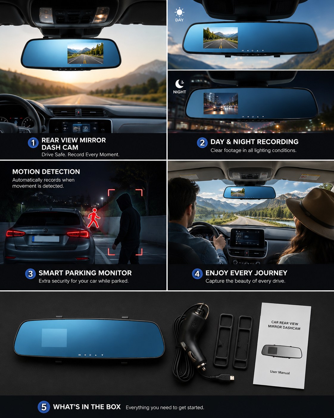 2-in-1 Mirror + Dash Cam: Keeps your factory mirror look while recording every drive.