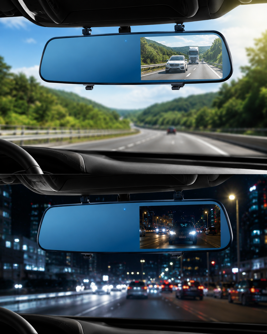 2-in-1 Mirror + Dash Cam: Keeps your factory mirror look while recording every drive.