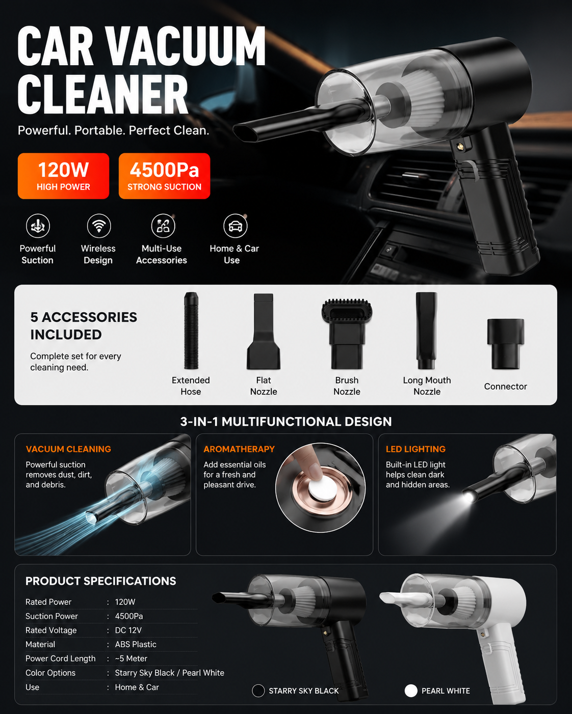 120W 4500Pa Powerful Car Vacuum Cleaner
