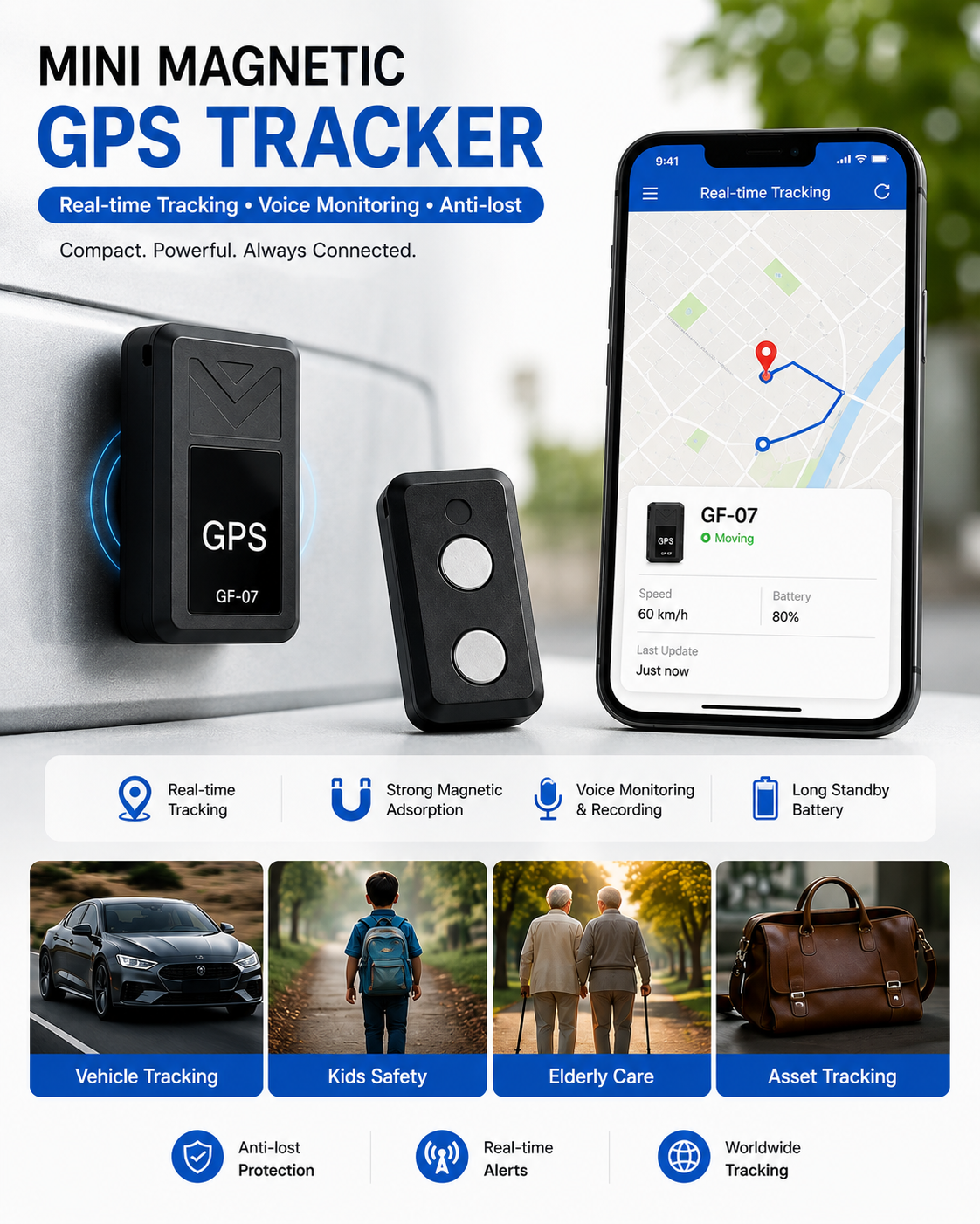 GF-07 Mini Magnetic GPS Tracker – Real-Time Vehicle & Asset Tracking