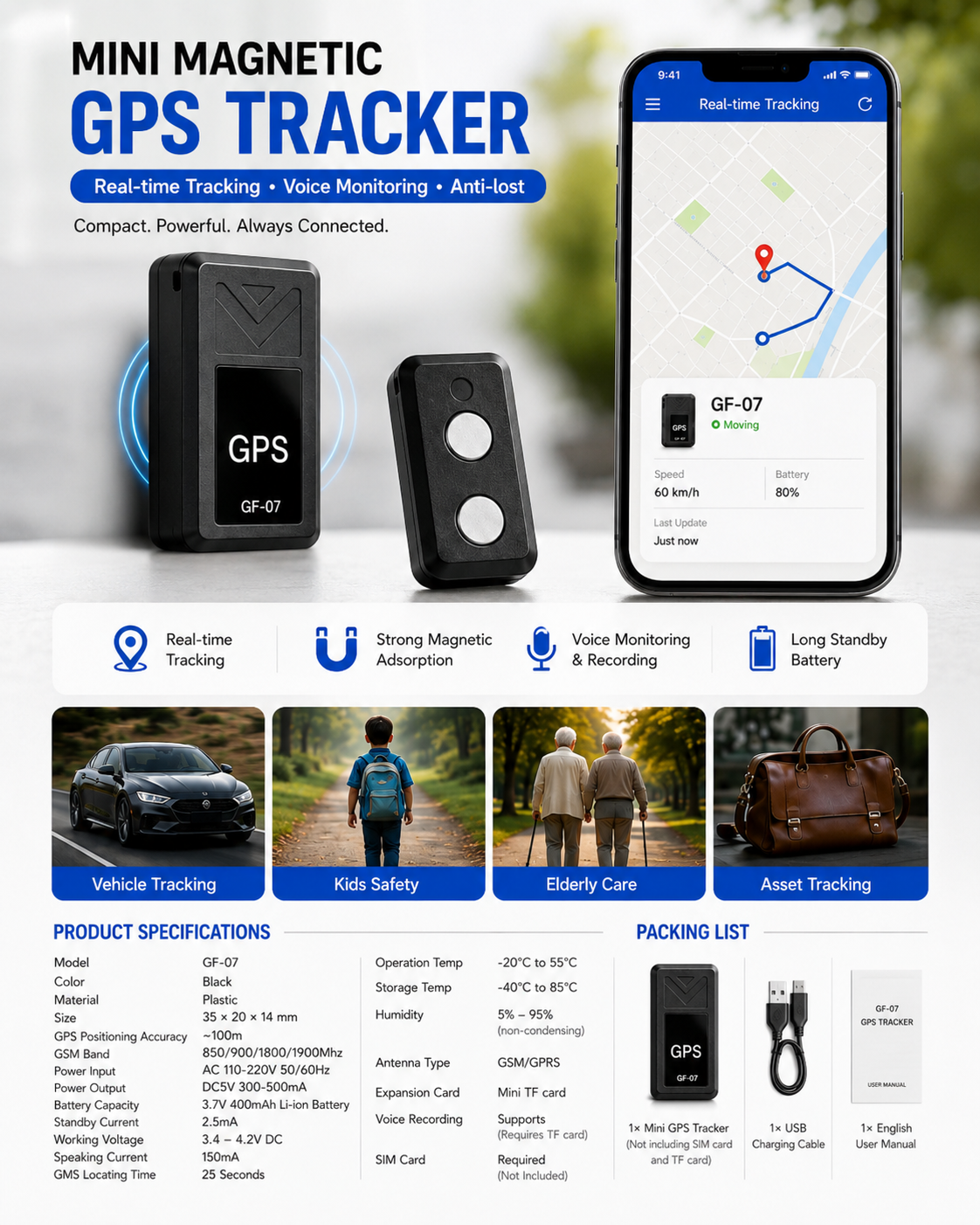 GF-07 Mini Magnetic GPS Tracker – Real-Time Vehicle & Asset Tracking