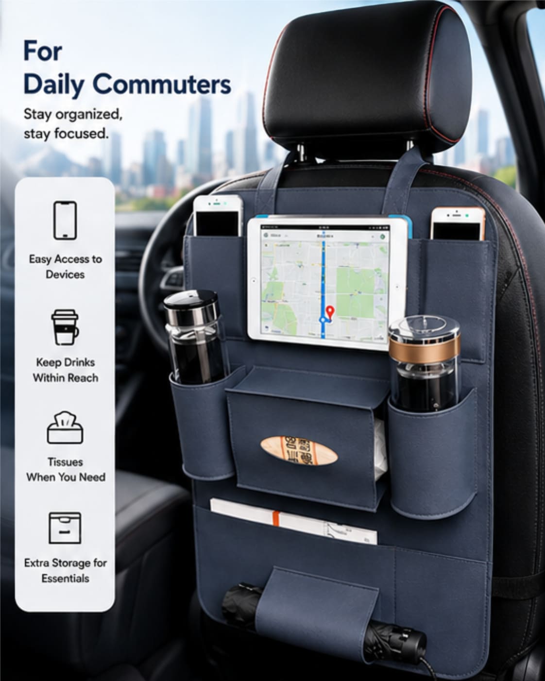 HQ Leather Car Seat Organizer – Premium Backseat Storage for Cars